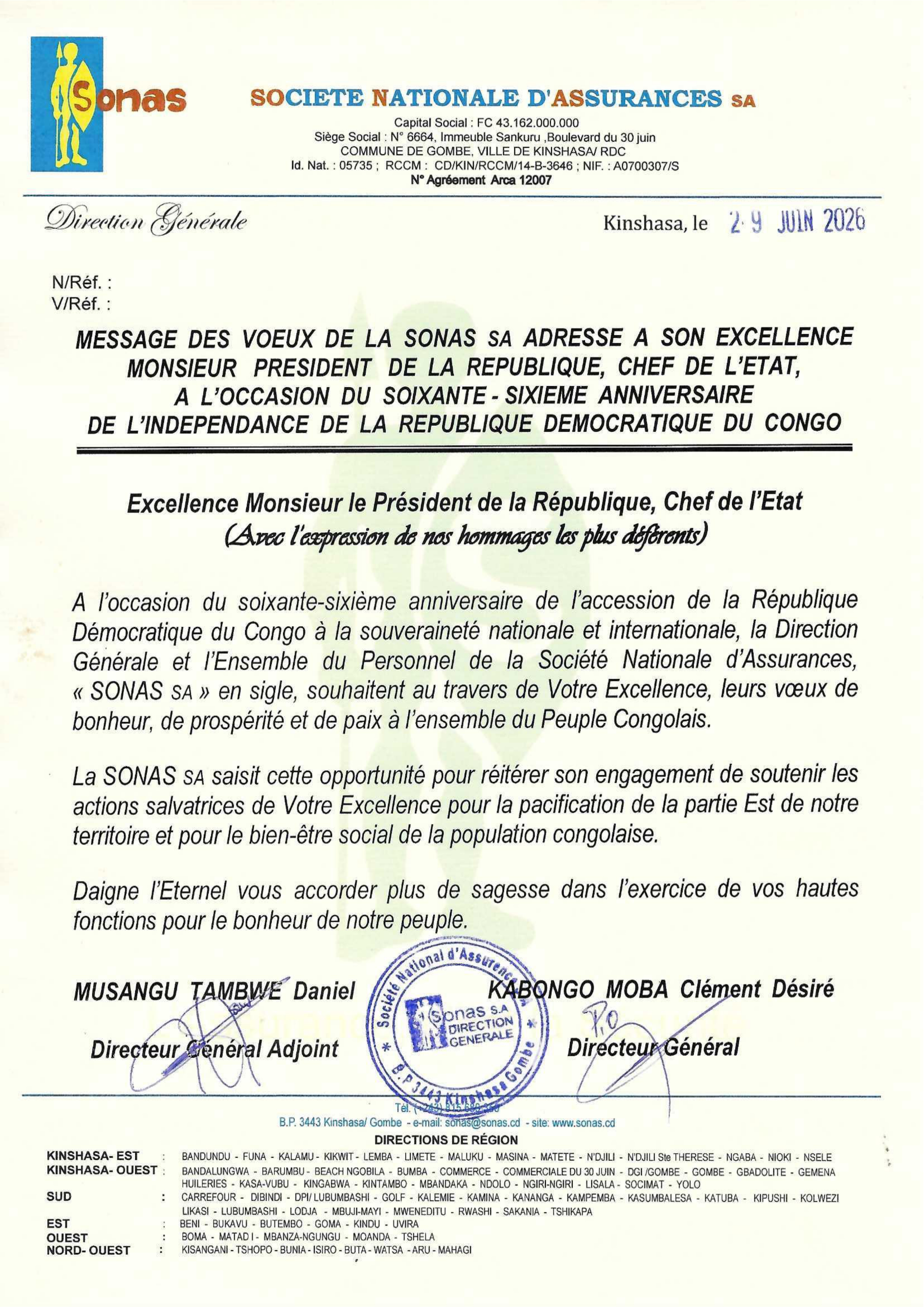 Message de vœux à son Excellence Mr le Président de la République Félix Tshisekedi pour le 66 ème indépendance de la RDC.